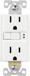 Eaton ground fault circuit interrupter receptacle, 15A, 125V, Back wire and side wire, GFCI, White, Brass, Receptacle, Tamper resistant, PVC, 5-15R, Two-pole, three-wire, grounding