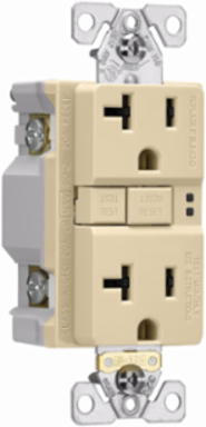 Eaton GFCI receptacle,Tamper resistant,Self-test,#14 - 10 AWG,20A,Residential,Commercial,Flush,125 V,GFCI,Back and side wire,Ivory,Brass,Receptacle,Tamper resistant,Polycarbonate,5-20R,Two-pole, three-wire, grounding