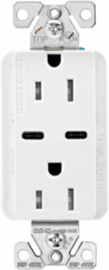 Eaton Combination USB Type-C Charger, 15A 5-15R Receptacle, 5A, 125 Vac, White, Box