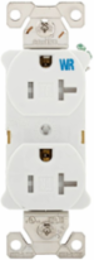 Eaton commercial specification grad — Color: Ivory, Face/Body Material: Glass-filled nylon base Impact-resistant nylon face, Features: Tamper resistant Weather resistant Auto-grounding, NEMA Configuration: 5-20R, Voltage Rating: 125V, Wiring Method: Back and side, Allowable Wire Size: Side or Back Wiring :#10-14 Copper or Copper Clad Aluminum