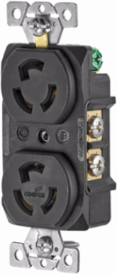 Eaton safety grip locking receptacle, #14-10 AWG, 15A, Industrial, 125V, Back and side wiring, Black, Brass, Duplex, L5-15, Two-pole, Three-wire, Glass-filled nylon