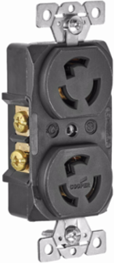 Eaton safety grip locking receptacle, #14-10 AWG, 15A, Industrial, 125V, Back and side wiring, Black, Brass, Duplex, L5-15, Two-pole, Three-wire, Glass-filled nylon