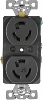 Eaton safety grip locking receptacle, #14-10 AWG, 15A, Industrial, 125V, Back and side wiring, Black, Brass, Duplex, L5-15, Two-pole, Three-wire, Glass-filled nylon