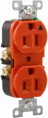 Eaton Arrow Hart heavy-duty industrial specification grade duplex receptacle,#14-10 AWG,15A,Industrial,Flush,125V,Back and side,Orange,Brass,High-impact nylon face,Glass-filled nylon base,5-15R,Duplex,Screw,Glass-filled nylon,.
