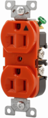 Eaton Arrow Hart heavy-duty industrial specification grade duplex receptacle,#14-10 AWG,15A,Industrial,Flush,125V,Back and side,Orange,Brass,High-impact nylon face,Glass-filled nylon base,5-15R,Duplex,Screw,Glass-filled nylon,.