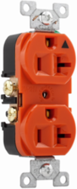 Eaton Arrow Hart heavy-duty industrial specification grade duplex receptacle, #14-10 AWG, 20A, Industrial, Flush, 125V, Back and side, Orange, Brass, High-impact nylon face, Glass-filled nylon base, 5-20R, Duplex, Screw, Nylon