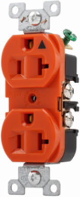Eaton Arrow Hart heavy-duty industrial specification grade duplex receptacle, #14-10 AWG, 20A, Industrial, Flush, 125V, Back and side, Orange, Brass, High-impact nylon face, Glass-filled nylon base, 5-20R, Duplex, Screw, Nylon
