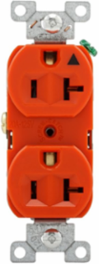 Eaton Arrow Hart heavy-duty industrial specification grade duplex receptacle, #14-10 AWG, 20A, Industrial, Flush, 125V, Back and side, Orange, Brass, High-impact nylon face, Glass-filled nylon base, 5-20R, Duplex, Screw, Nylon