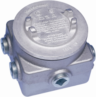 Junction Box Feraloy Iron Alloy, (4) 3/4 Inch Back Hub, (2) 3/4 Inch Bottom Hub, Hazardous Rated