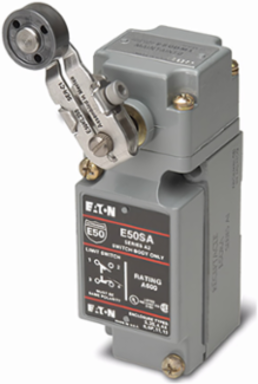 Eaton E50 NEMA heavy duty plug-in limit switch, Within 0.003, Screw Terminals, 10A at 240Vac, 1A at 250Vdc, 2NO-2NC, Die Cast Zinc, NEMA 1, 3, 3S, 4, 4X, 6, 6P, 13, IP67, 10A, 1A, 14° to 201°F (-10° to 94°C), Side Push Roller