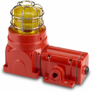 Global Series LED Light, Hazardous Location, UL and cUL CID2, Zone Listed, 120-240VAC, Ex de Surface Mount, High-Profile Lens, Yellow, Red enclosure