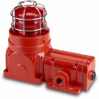 Global Series LED Light, Hazardous Location, UL and cUL CID2, Zone Listed, 24VDC, Ex de Surface Mount, High-Profile Lens, Red, Red enclosure