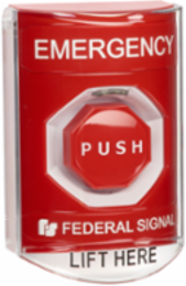 Push Station, Momentary, Low-Profile, Sounder & Cover, LED, Emergency, UL and cUL, Red