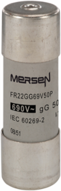 Cylindrical Fuse-Link gG 690VAC 22x58, 50A, Silver-Plated Copper, Ceramic Body