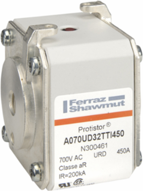 Square Body High-Speed Fuse Protistor® Size 32 aR 690VAC IEC 700VAC UL 450A With Striker Flush ends UNC threads