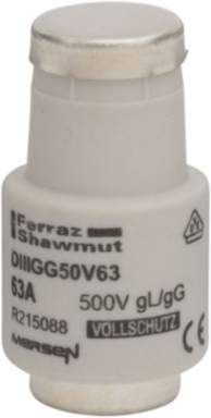 D Fuse-Link gG, DIII, 500VAC, 63A, 1.06 Inch Diameter, Ceramic Body