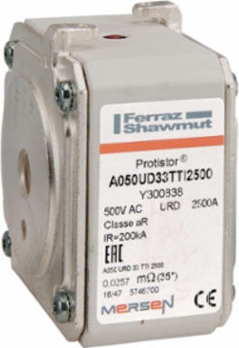 Square Body High-Speed Fuse Protistor® Size 33 aR 450VAC IEC 500VAC UL 2500A With Striker Flush ends UNC threads