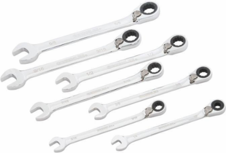 7-Piece Ratcheting Wrench Set, Polished Chrome Finish, ASME/ANSI Standard