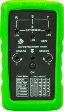 Phase Sequence Motor Rotation Meter, CAT III 600V, 123mm x 71mm x 29mm, 15Hz - 400Hz