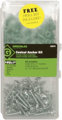 Plastic Conical Anchor Kit, #10/#12 Size, 1/4 Inch Bit, 100 Anchors/Screws
