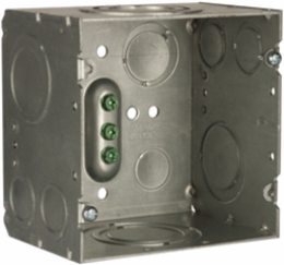 4-11/16 in. Square Box, Large Capacity, Welded, 3-1/4 in. Deep, (2) 1/2 in. KO, (4) 1/2 - 3/4 in. TKO, (2) 3/4 - 1 in. TKO, (2) 1 - 1-1/4 in. TKO, (2) 1, 1-1/4, 1-1/2, 2 in. KO