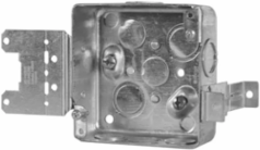 4 In. Square Steel Stud Box, 1-1/2 in. Deep, 21 Cu. In., with MSB Metal Stud Bracket, for 2-3/8 and 3-5/8 in. Stud Size, with Concentric and 1/2 in. KO, Raised Ground Screw (20-Pack)