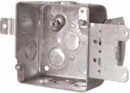 4 In. Square Steel Stud Box, 2-1/8 in. Deep, 30 Cu. In., with MSB Metal Stud Bracket, for 2-3/8 and 3-5/8 in. Stud Size, with Concentric and 1/2 in. KO, Raised Ground Screw (20-Pack)