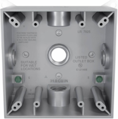 2-Gang Weatherproof Box with Five 1/2 Inch Threaded Outlets, Gray, Metallic Construction
