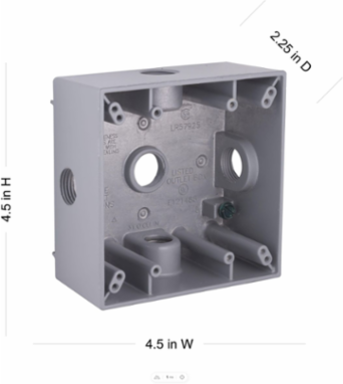 2-Gang Weatherproof Box with Five 1/2 Inch Threaded Outlets, Gray, Metallic Construction