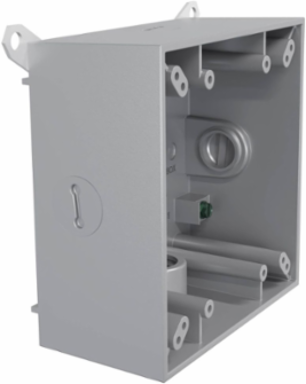 2-Gang Weatherproof Box with Five 1/2 Inch Threaded Outlets, Gray, Metallic Construction