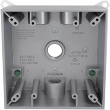 2-Gang Weatherproof Electrical Box with Four 1/2 Inch Threaded Outlets, Gray