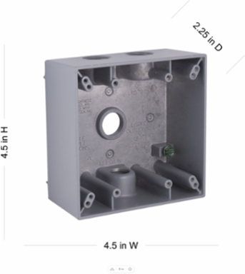 2-Gang Weatherproof Electrical Box with Four 1/2 Inch Threaded Outlets, Gray