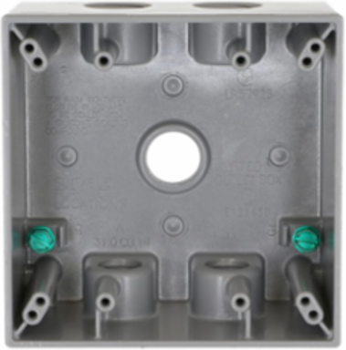 2-Gang Weatherproof Box with Five 1/2 Inch Outlets, Gray, NEMA 3R Rating
