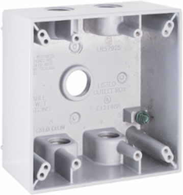 2-Gang Weatherproof Box, 5 Threaded Outlets, 1/2 Inch, UL Listed, Aluminum Construction