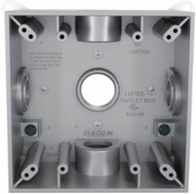 2-Gang Weatherproof Box with Five 3/4 Inch Outlets, NEMA 3R, Aluminum Construction