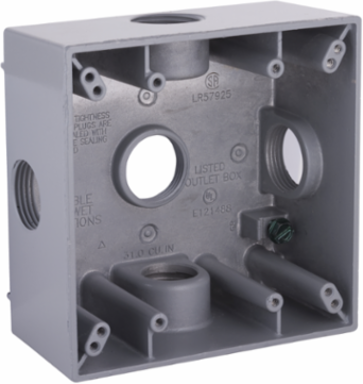 2-Gang Weatherproof Box with Five 3/4 Inch Outlets, NEMA 3R, Aluminum Construction