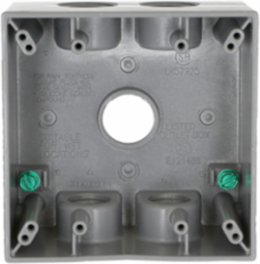 2-Gang Weatherproof Box with Five 3/4 Inch Threaded Outlets, Gray