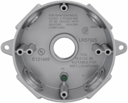 Round Weatherproof Box, 5 Outlets, 3/4 Inch Threaded, Aluminum, Gray