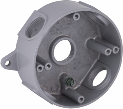 Round Weatherproof Box, 5 Outlets, 3/4 Inch Threaded, Aluminum, Gray