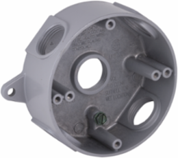 Round Weatherproof Box, 5 Outlets, 3/4 Inch Threaded, Aluminum, Gray