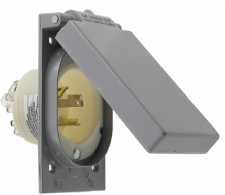 Locking Device, Flanged Inlet 30A 125V, 2-Pole 3-Wire, Weatherproof Cover, 2.88 Inch