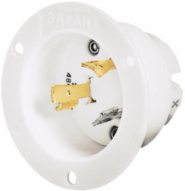 Flanged Inlet Locking Device 20A 600V AC 2-Pole 3-Wire, White, Composite, 2.88 Inch x 2.88 Inch x 2.02 Inch