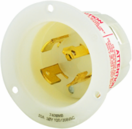 Flanged Inlet Locking Device, 20A 4-Pole, 120/208V AC, Screw Terminal, White