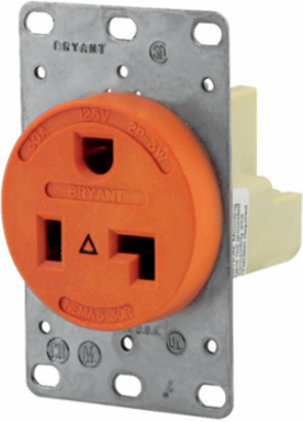 Commercial Grade Orange Flush Mount Receptacle, 50A 125V, 2-Pole 3-Wire Grounding
