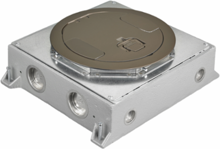 4-Gang Recessed Floor Box, 4.00 Inch Depth, Cast Iron, Round Cover