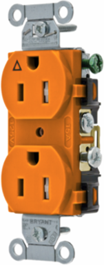 Commercial Grade Duplex Receptacle, 15A 125V, 3-Wire Grounding, Orange, 1.38 Inch Width