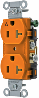 Commercial Grade Duplex Receptacle, 20A 125V, 2-Pole 3-Wire, Isolated Ground, Orange