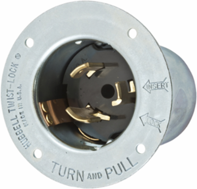 Twist-Lock Flanged Inlet, 50A 480V, 2-Pole, 3-Wire, Metallic