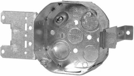 4 in. Steel Stud Octagon Box, 1-1/2 in. Deep, 15 Cu. In., with MSB Metal Stud Bracket, for 2-3/8 and 3-5/8 in. Stud Size, Raised Ground Screw, with Concentric and 1/2 in. KO (25-Pack)