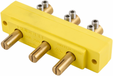 100A Male Panel Mount Double Set Screw Stage Pin Device, 250V, Yellow